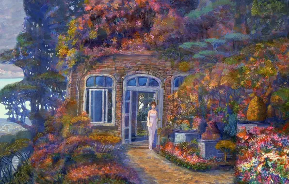 Картинка девушка, деревья, цветы, дом, окна, двери, Naohisa Inoue