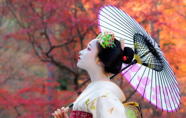 Картинка осень, девушка, япония, зонт, гейша, girl, кимоно, азиатка, japan, woman, umbrella, asia, japanese, kimono, geisha, …