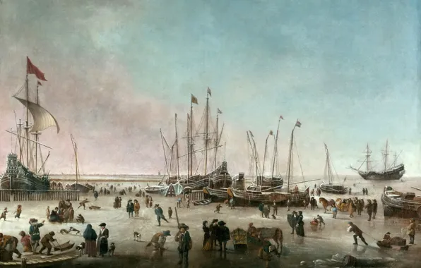 Картинка люди, берег, лодка, корабль, картина, морской пейзаж, Hendrick Dubbels, Амстердамский Порт Зимой