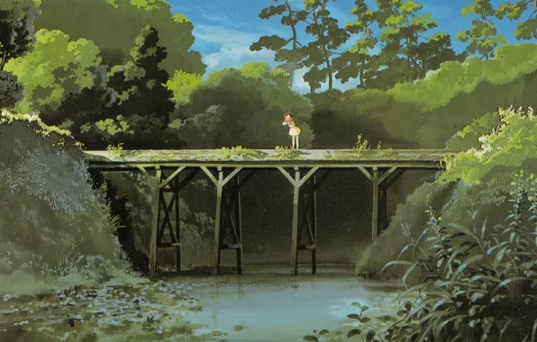 Картинка лето, трава, листва, речка, крик, мой сосед тоторо, поиски, tonari no totoro, деревянный мост, satsuki …