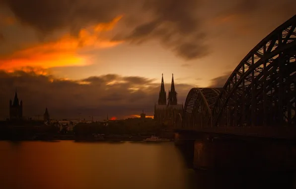 Картинка небо, пейзаж, мост, река, вечер, Германия, собор, Кёльн