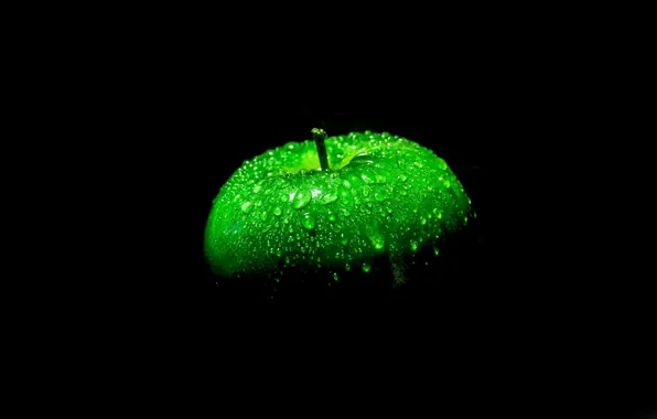 Картинка яблоко, черный фон, зеленое