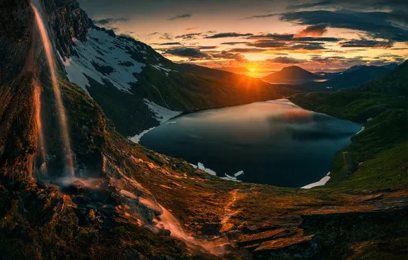 Картинка Sunset, Sunrise, Mountains, Norway, Northern, Lake