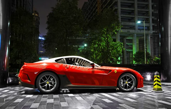 Картинка city, light, Ferrari, red, supercar, 599, night, GTO, parking, building