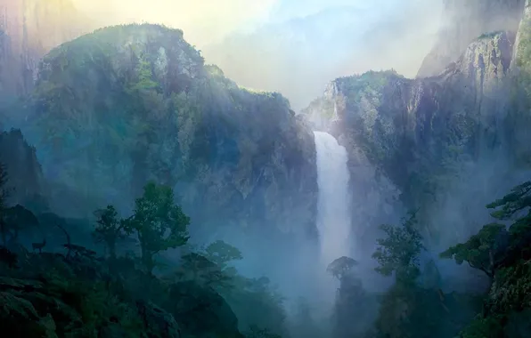 Картинка горы, рисунок, Водопад