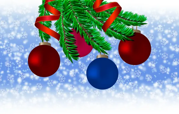 Картинка шарики, снег, снежинки, ветки, праздник, новый год, new year, Ёлка, balls
