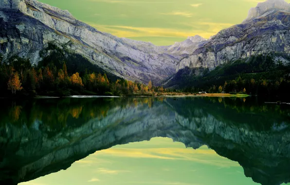 Картинка осень, деревья, горы, озеро, отражение