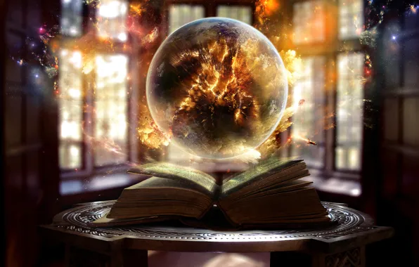 Картинка свет, огонь, магия, окна, шар, Книга, искры, сфера