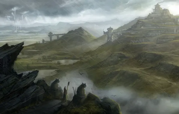 Картинка город, река, замок, дождь, скалы, холмы, молния, посох, статуи, dragon age, путник, мабари