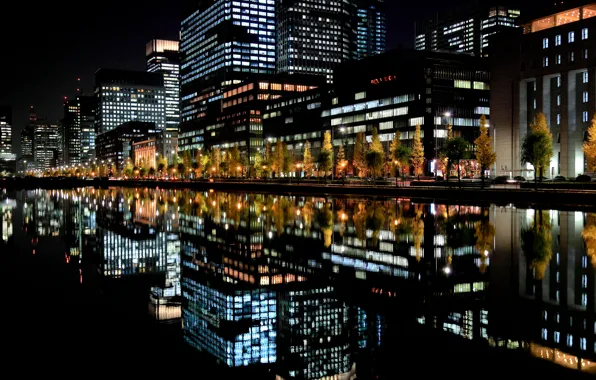Картинка ночь, город, огни, отражение, япония