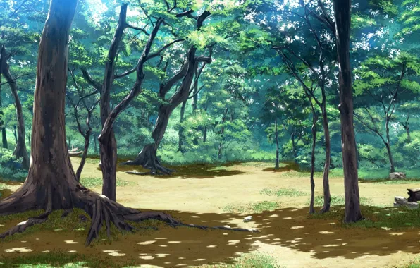 Картинка лес, листья, деревья, пейзаж, природа, ветви, аниме, арт, koiken otome