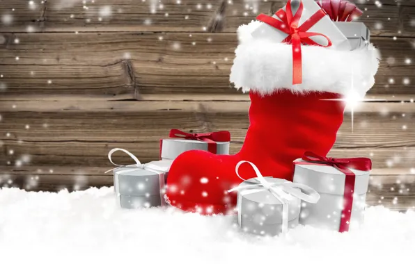 Картинка зима, снег, Рождество, подарки, Новый год, Christmas, winter, snow, New Year, Holiday, gifts, сапог