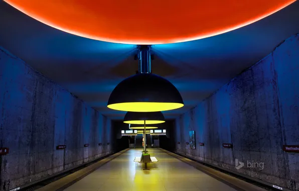 Картинка метро, станция, Мюнхен, светильник, тоннель, скамья, Westfriedhof