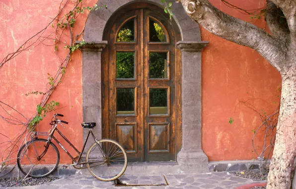 Картинка велосипед, город, дом, улица