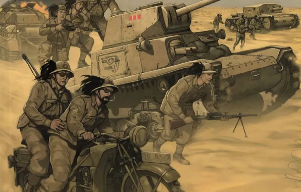Картинка оружие, Рисунок, мотоцикл, солдаты, бронетехника, песок.