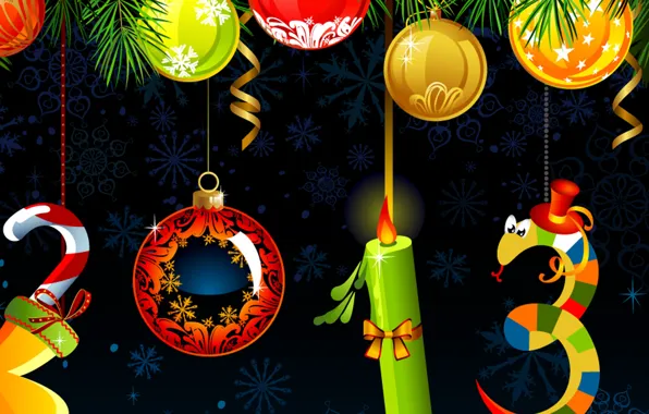 Картинка украшения, снежинки, праздник, шары, змея, свеча, Рождество, Новый год, 2013