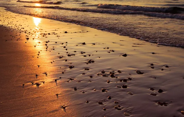 Картинка песок, море, пляж, солнце, закат, отражение, волна, Англия, пирс, Борнмут