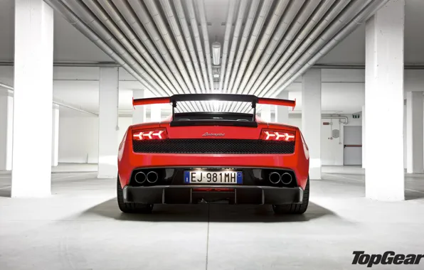 Картинка красный, трубы, Lamborghini, фонари, колонны, суперкар, спойлер, Gallardo, supercar, вид сзади, top gear, самая лучшая …