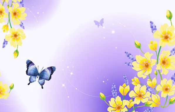 Картинка цветы, природа, бабочка, блеск, растения, почки, фиолетовый фон