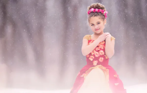 Картинка снег, розы, платье, девочка, fine art, children photography