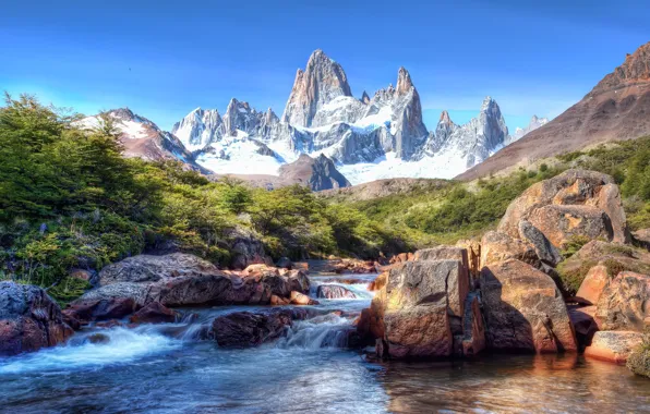Картинка небо, снег, горы, камни, Южная Америка, Patagonia, Патагония, горная речка
