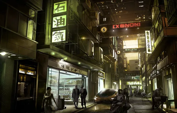 Картинка город, дома, Япония, вывески, жители, магазины, улочка, deus ex: human revolution