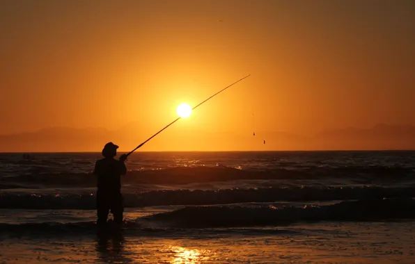 Картинка waves, sport, beach, photography, sea, landscape, nature, sunset, water, sun, man, silhouette, fishing, Fisherman
