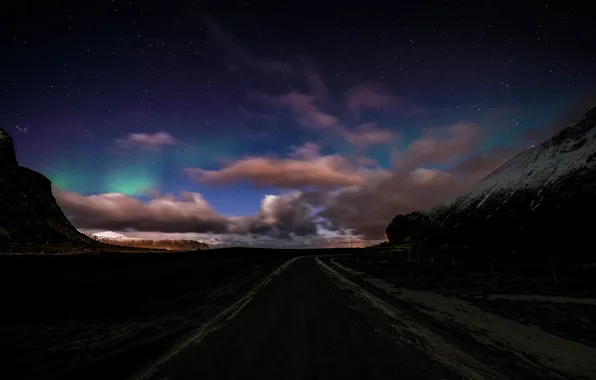 Картинка дорога, небо, облака, звёзды, Норвегия