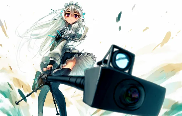 Картинка взгляд, девушка, оружие, прицел, снайперская винтовка, заколки, Чайка и гроб, Hitsugi no Chaika, Chaika Trabant