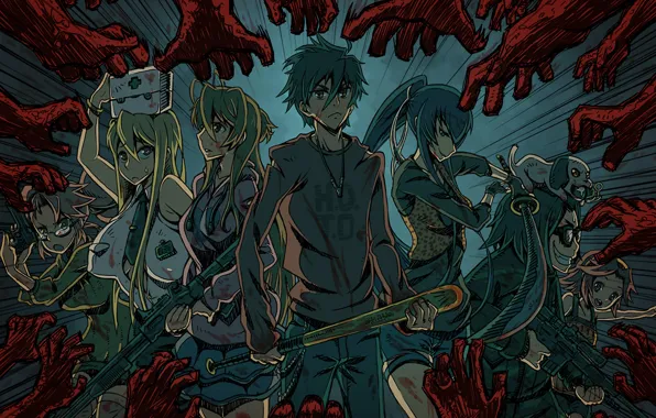 Картинка девушки, зомби, девочка, парни, anime, art, Takashi Komuro, Highschool of the Dead, Rei Miyamoto, Saeko …