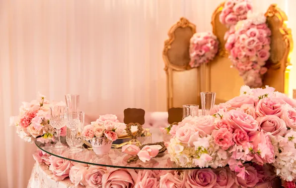 Картинка стол, розовый, розы, свадьба, декор