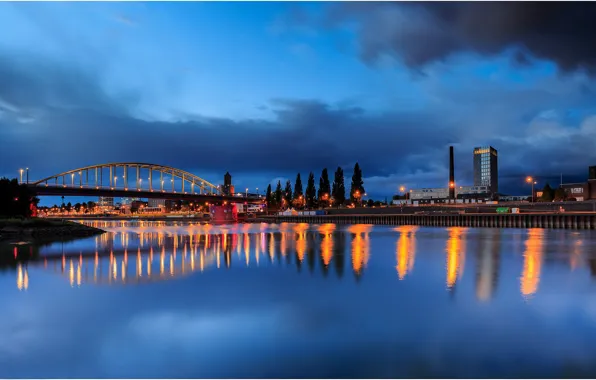 Картинка мост, огни, река, Нидерланды, Голландия, Guelders, Arnhem