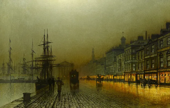 Картинка ночь, огни, река, люди, корабль, дома, картина, причал, набережная, John Atkinson, Greenock Harbour at Night