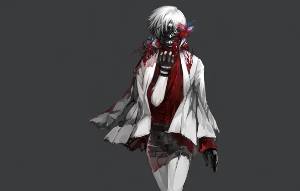 Картинка кровь, маска, арт, Art, белые волосы, красный глаз, Tokyo Ghoul, Kaneki Ken, Токийский Гуль, Канеки …