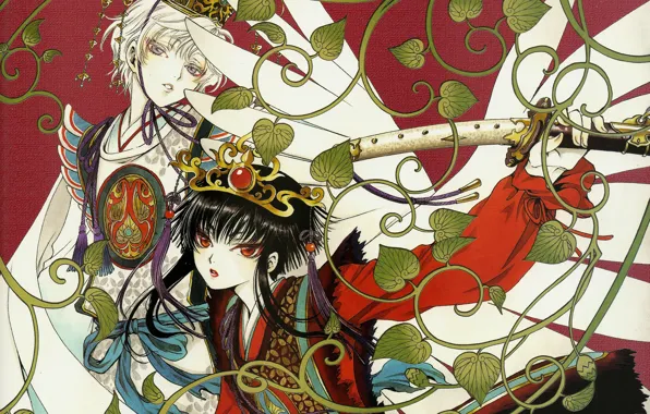 Картинка листья, катана, корона, красные глаза, Hana, рукоятка, белые крылья, Tkugawa Lemitsu, Gate 7, парень с …