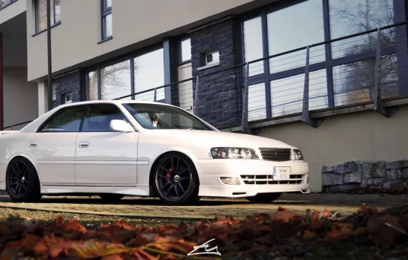 Картинка turbo, white, wheels, black, japan, toyota, jdm, tuning, front, face, JZX100, Chaser, trd