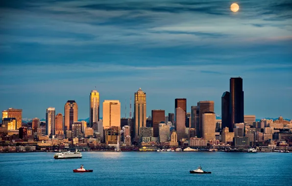 Картинка city, moonrise, skyline, Washington, moonlight, cityscape, Seattle, Puget Sound, Seattle Skyline, Pacific Northwest, Elliott Bay