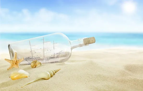 Картинка beach, sea, sun, sand, letter, bottle, seashells