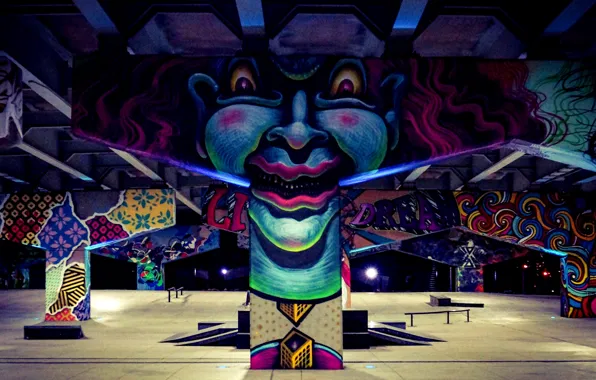 Картинка свет, граффити, клоун, пилястры, скейтборд парк, виадуки