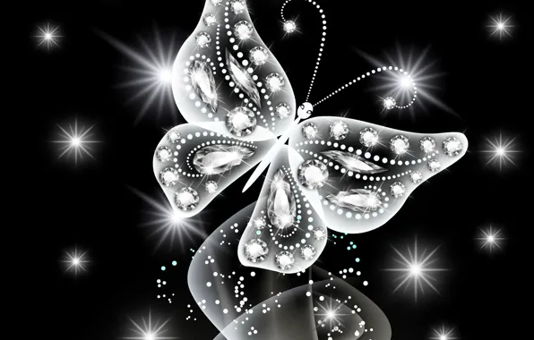 Картинка бабочка, abstract, white, butterfly, glow, neon, sparkle, diamonds, неоновая, jem