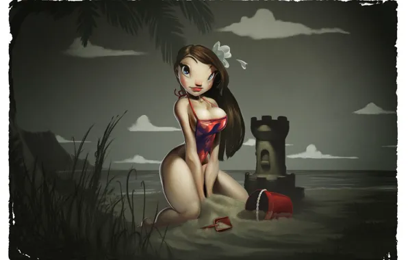 Картинка пляж, берег, art, песочный замок, Hawaiian girl