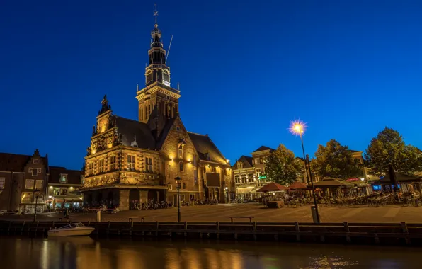 Картинка ночь, огни, Нидерланды, набережная, Алкмар