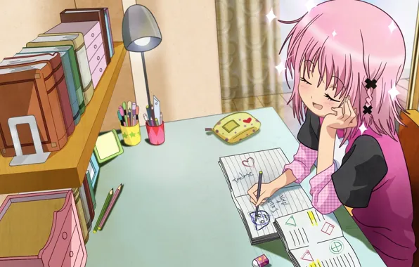 Картинка аниме, тетрадь, письменный стол, Аму Хинамори, Shugo Chara