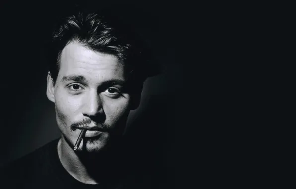 Картинка лицо, фотография, Johnny Depp, черно-белая, портрет, Джонни Депп, мужчина, актёр, монохром