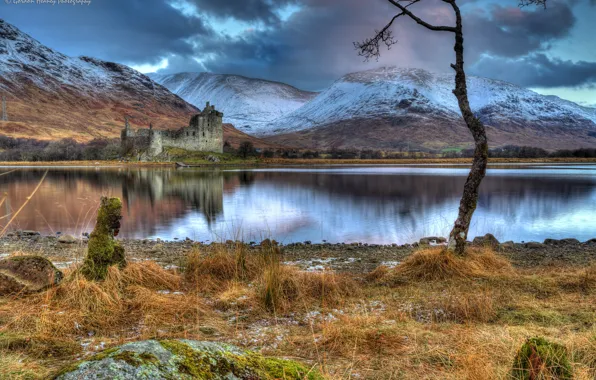 Картинка трава, снег, горы, тучи, озеро, камни, замок, дерево, пасмурно, берег, Шотландия, развалины, Kilchurn Castle