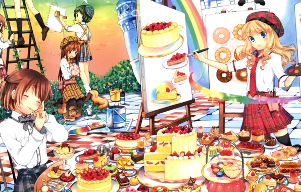Картинка ягоды, стол, краски, лестница, сладости, торт, пирожное, Девочки, кисти, холст, мольберт