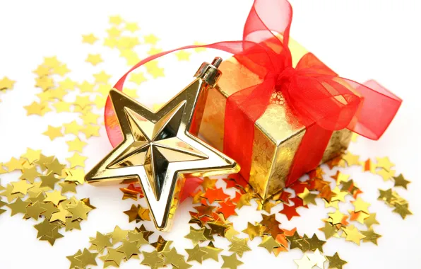 Картинка праздник, подарок, игрушки, звезда, новый год, лента, декорации, happy new year, christmas decoration, новогодние обои, …