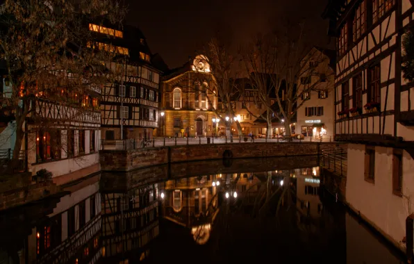Картинка ночь, огни, Франция, дома, канал, Страсбург