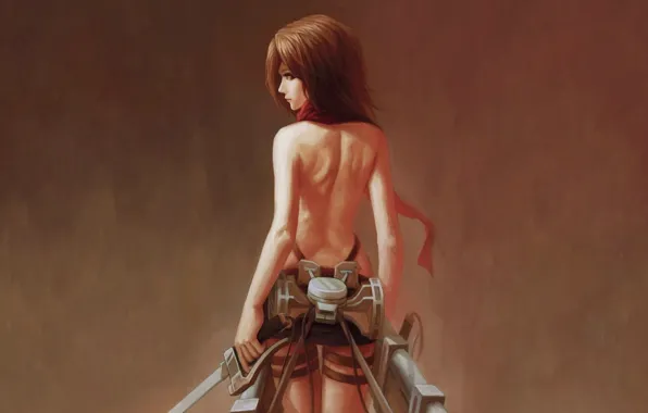 Картинка провода, клинки, Mikasa Ackerman, со спины, привод, красный шарф, Вторжение гигантов, вполоборота, Shingeki no kyojin