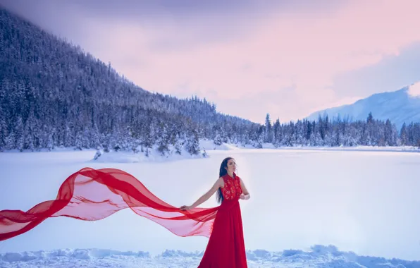 Картинка зима, девушка, снег, красное платье